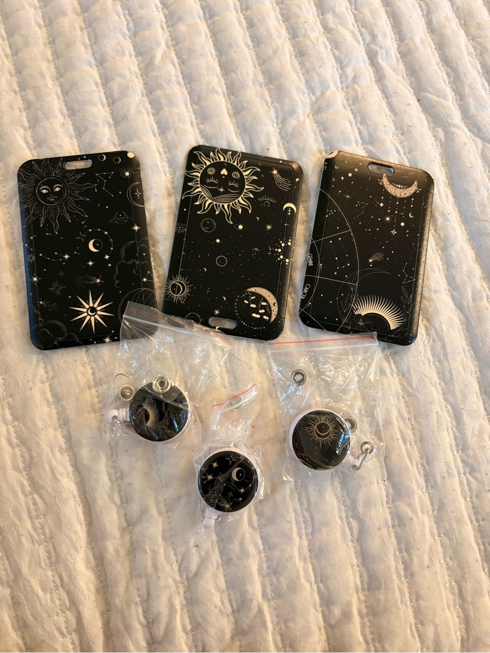 Set: 3 Black Celestial Sun & Moon BADGE Holders with Matching Retractable Clips